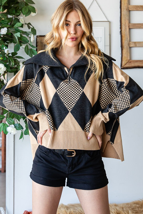 Oli & Hali Argyle Half Zip Up Pullover Sweater Top