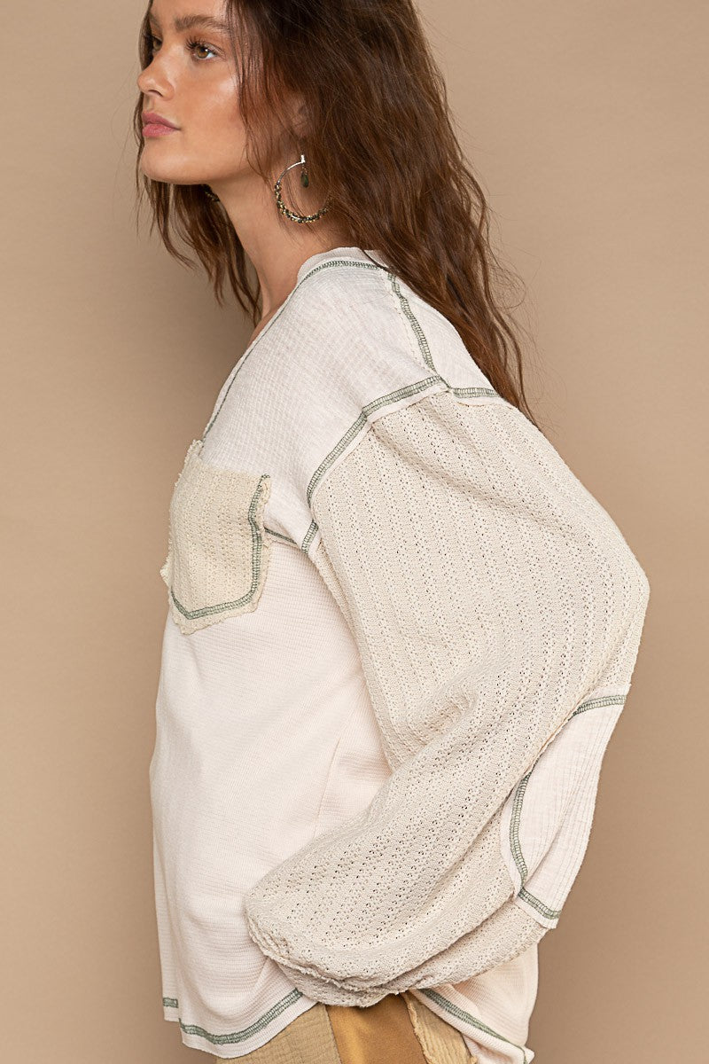 POL V Neck Contrast Knit Panels Color Block Top