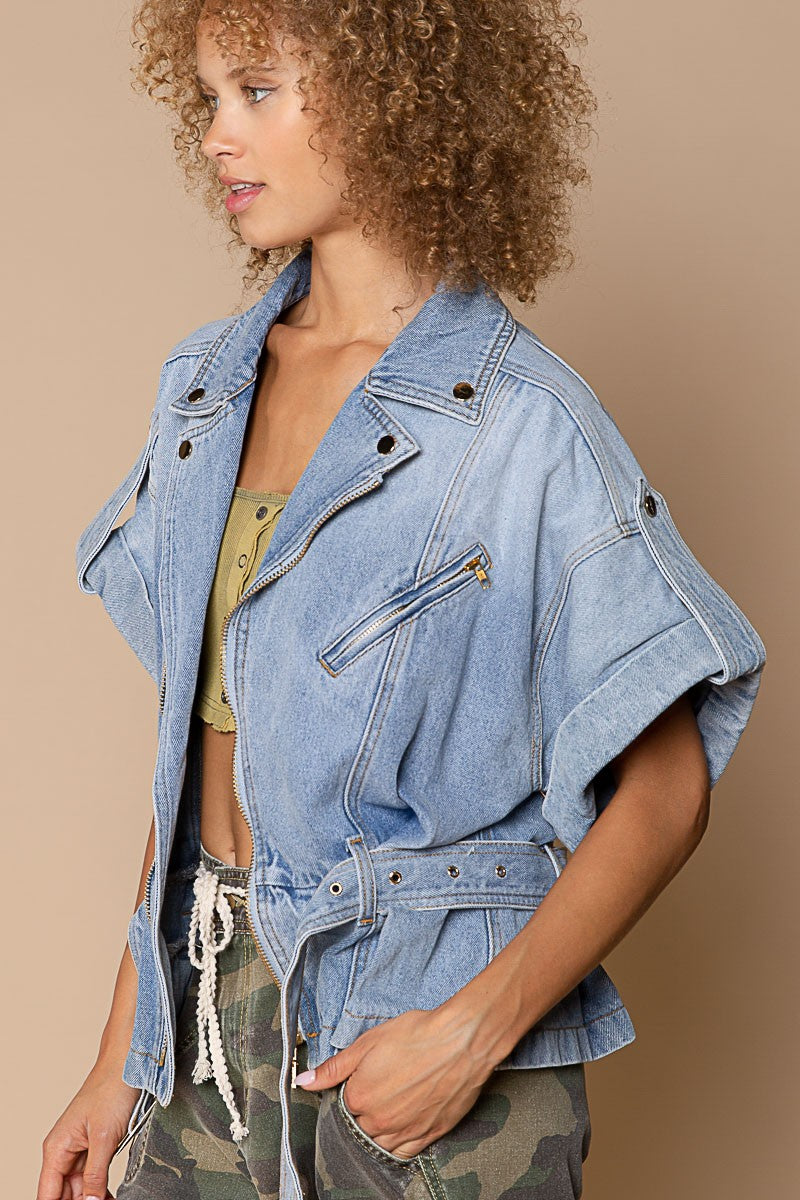 POL Asymmetrical Zipper Dropped Shoulders Waist Belt Denim Jacket