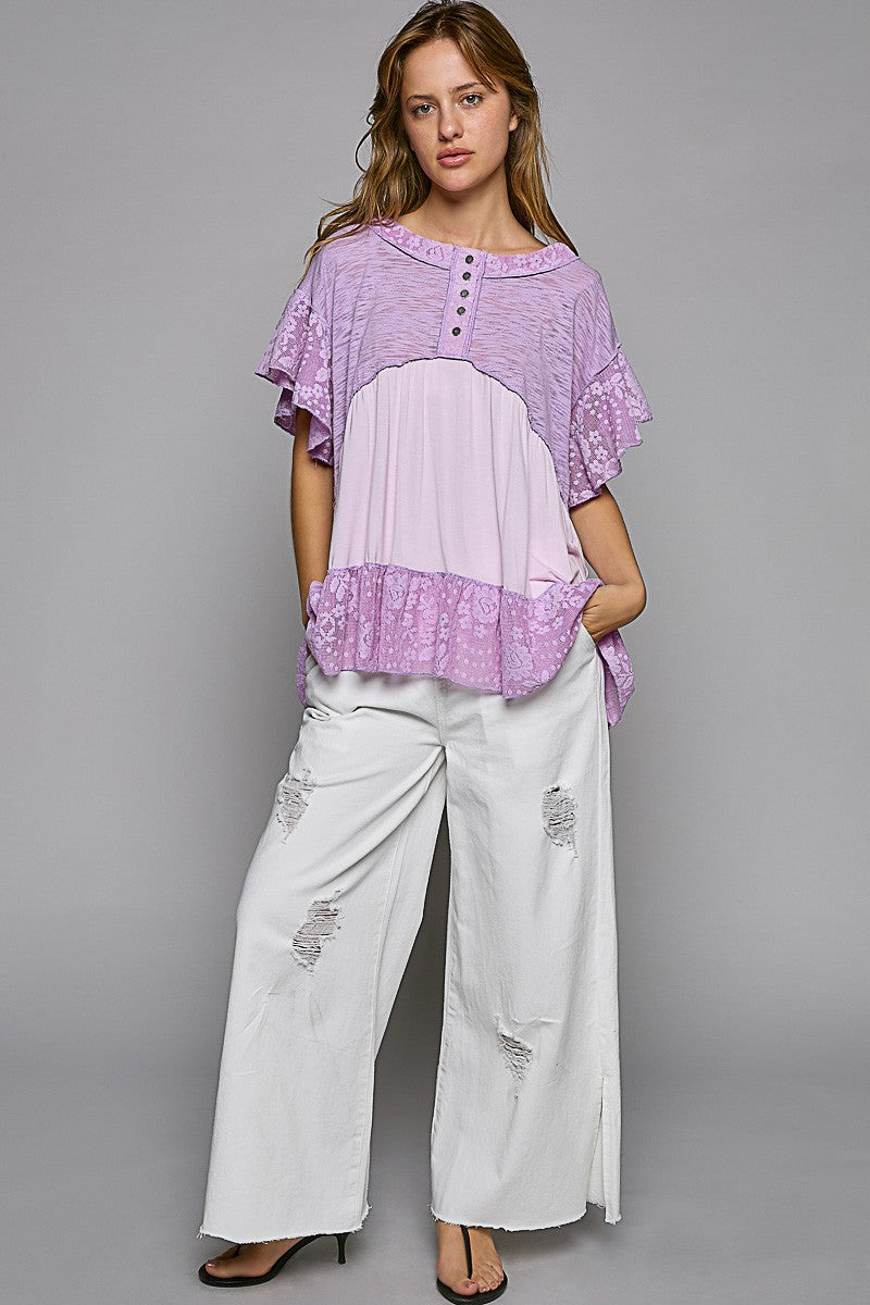 POL Scoop Neck Ruffle Sleeve Crochet Lace Solid Top