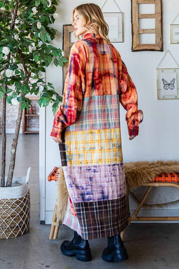 Oli & Hali Washed Plaid Mix Shirt Duster Jacket