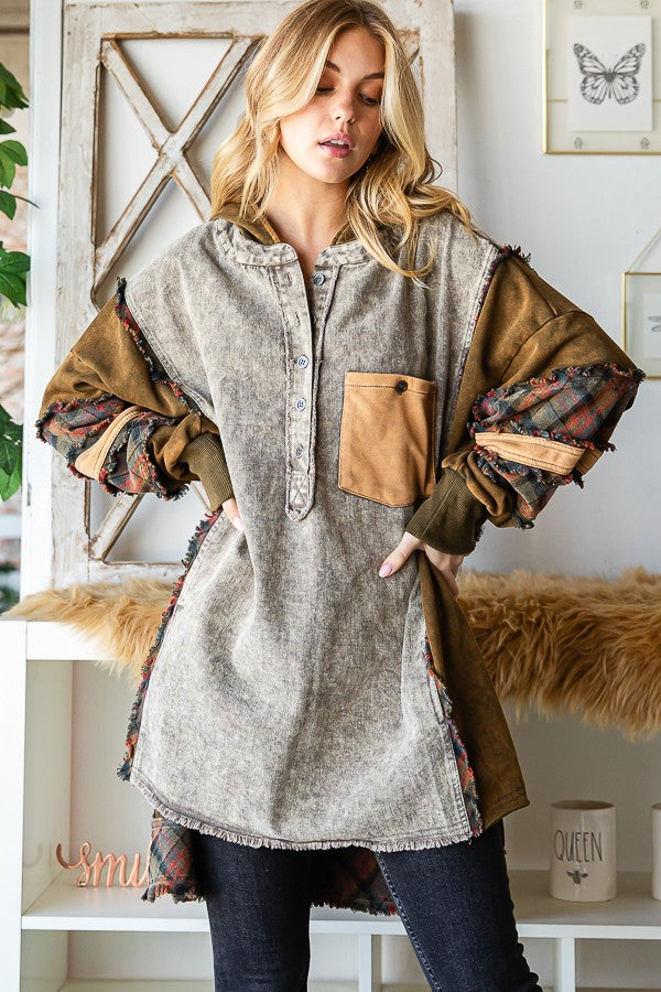 Oli & Hali Washed Fabric Mixed Oversized With Hoodie Top