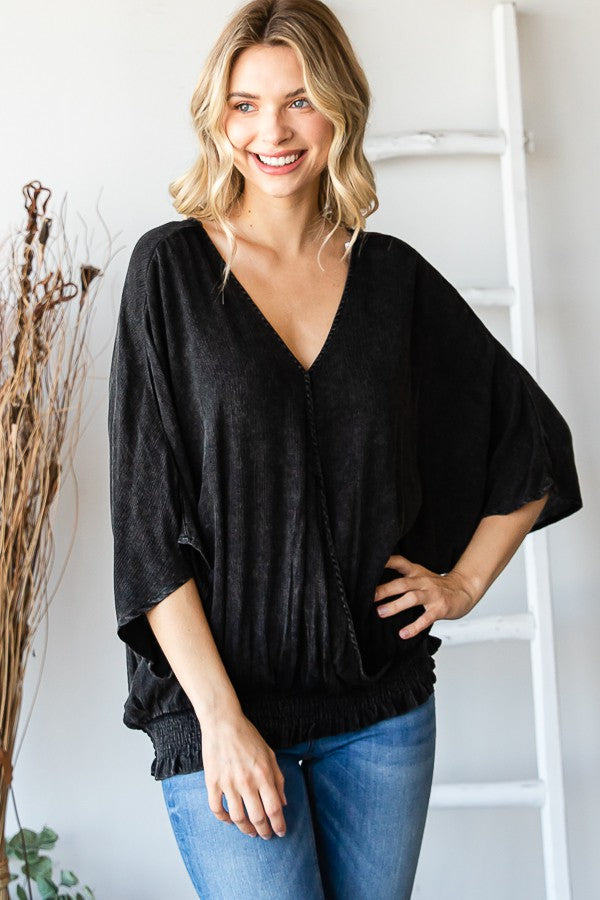 Oli & Hali Mineral Washed Cirsscross Smocked Waist Band Top