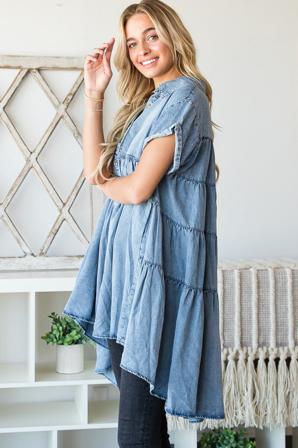 Oli & Hali Mineral Washed Tencil Tiered Button Down Dress