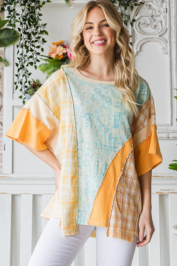 Oli & Hali Striped Sleeve With Wavy Applique Tee Top