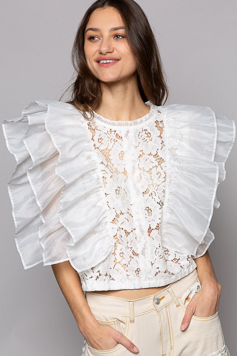 POL Sleeveless Round Neck Chiffon Ruffle Lace Top