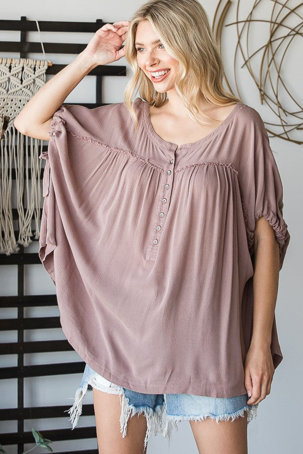 Oli & Hali Mineral Washed Shirred Front Button Down Top