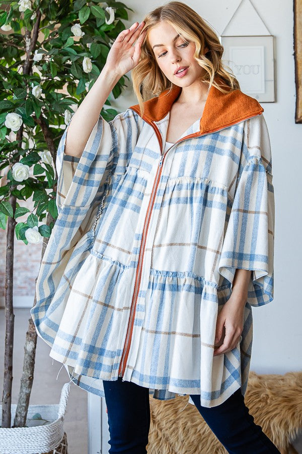 Oli & Hali Tierd Brushed Plaid Poncho Jacket