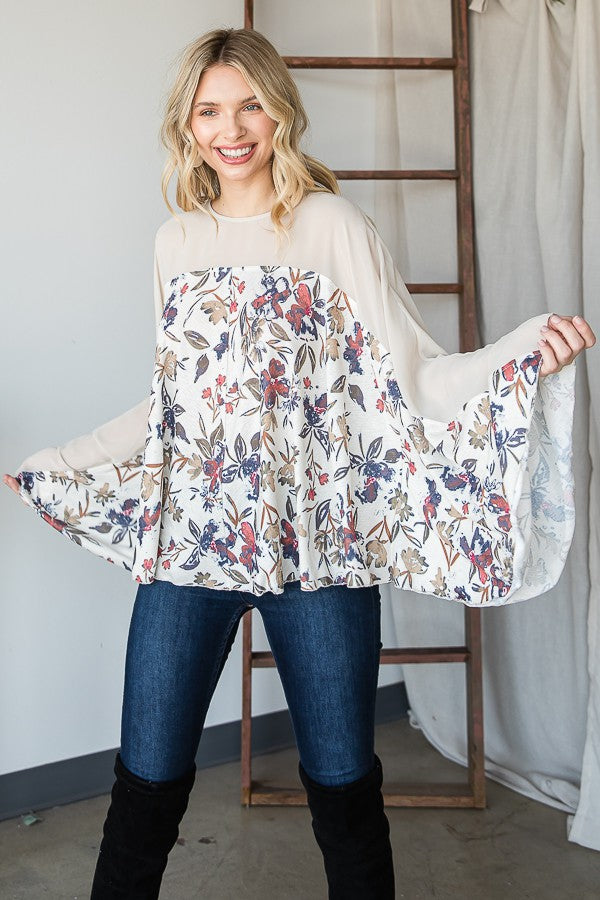 Oli & Hali Floral Print Solid Contrast Bell Sleeves Detail Fl Top