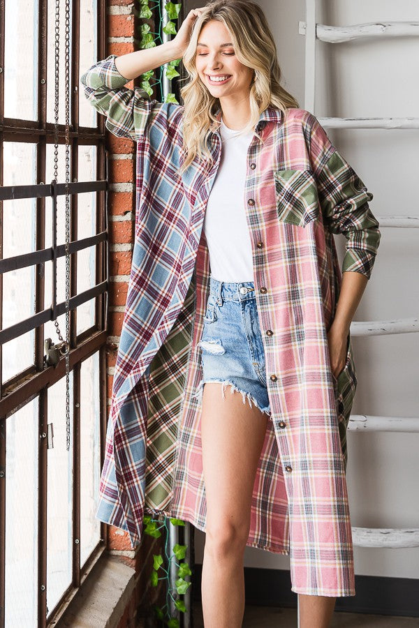 Oli & Hali Mineral Washed Plaid Mix Button Down Jacket