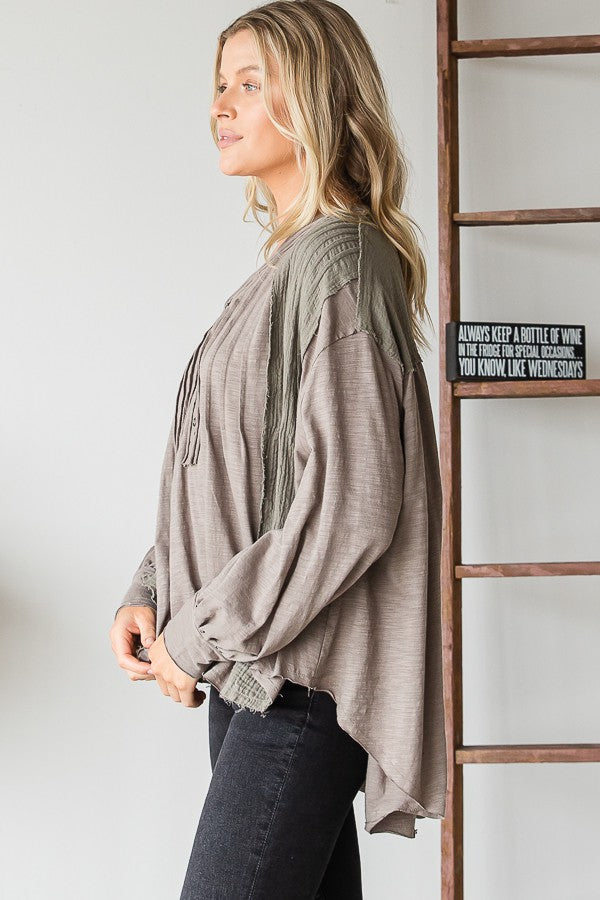 Oli & Hali Mineral Washed Pintuck Pleats Half Button Top