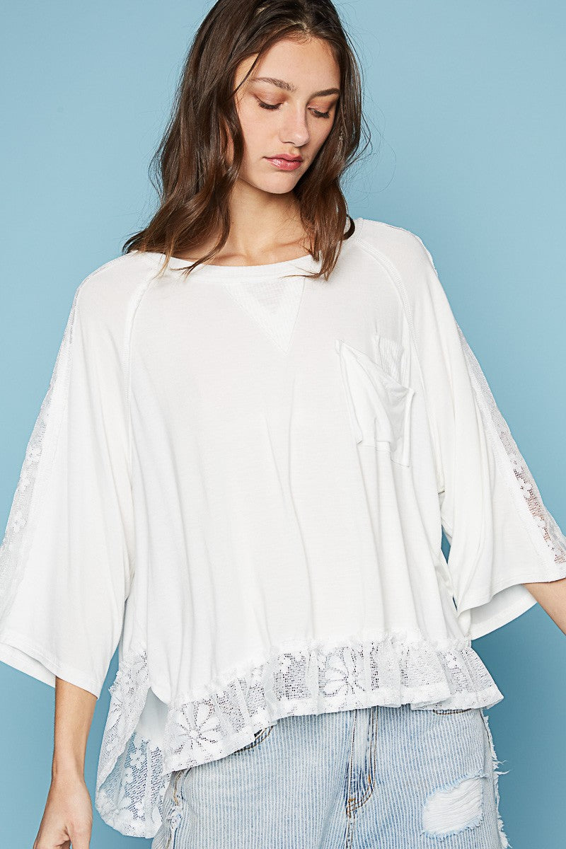 POL Oversize Round Neck Ruffle Hem Lace Knit Top
