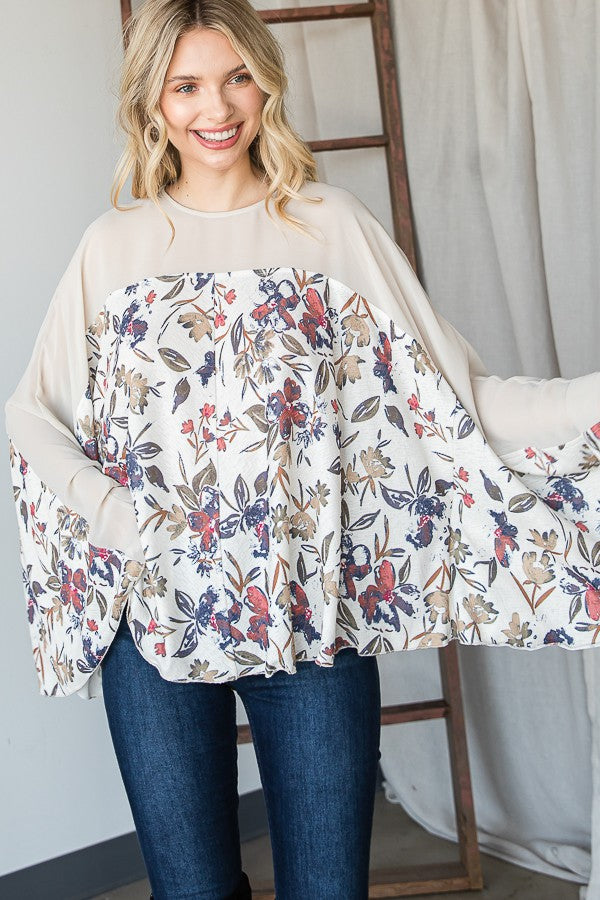 Oli & Hali Floral Print Solid Contrast Bell Sleeves Detail Fl Top