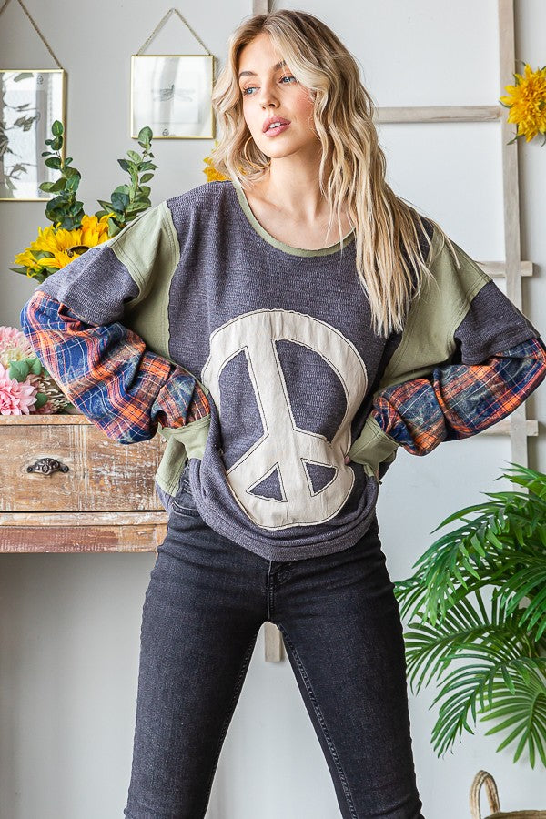 Oli & Hali Peace Applique Plaid Sleeve Pullover Top