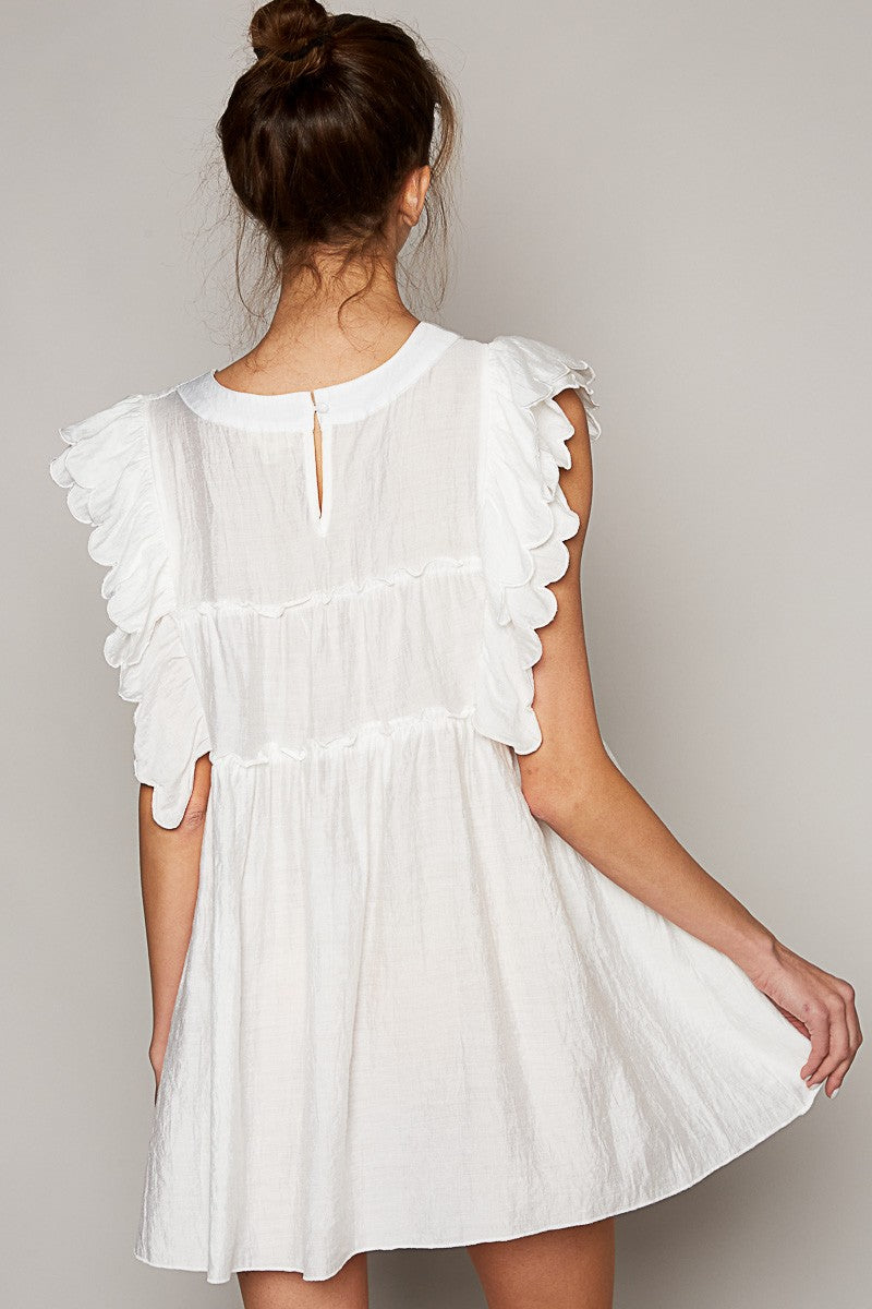 POL Round Neck Sleeveless Ruffle Shirring Woven Top