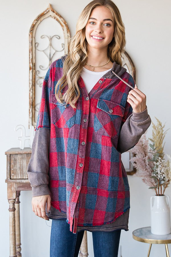 Oli & Hali Mineral Washed Plaid Hoodie Jacket Top
