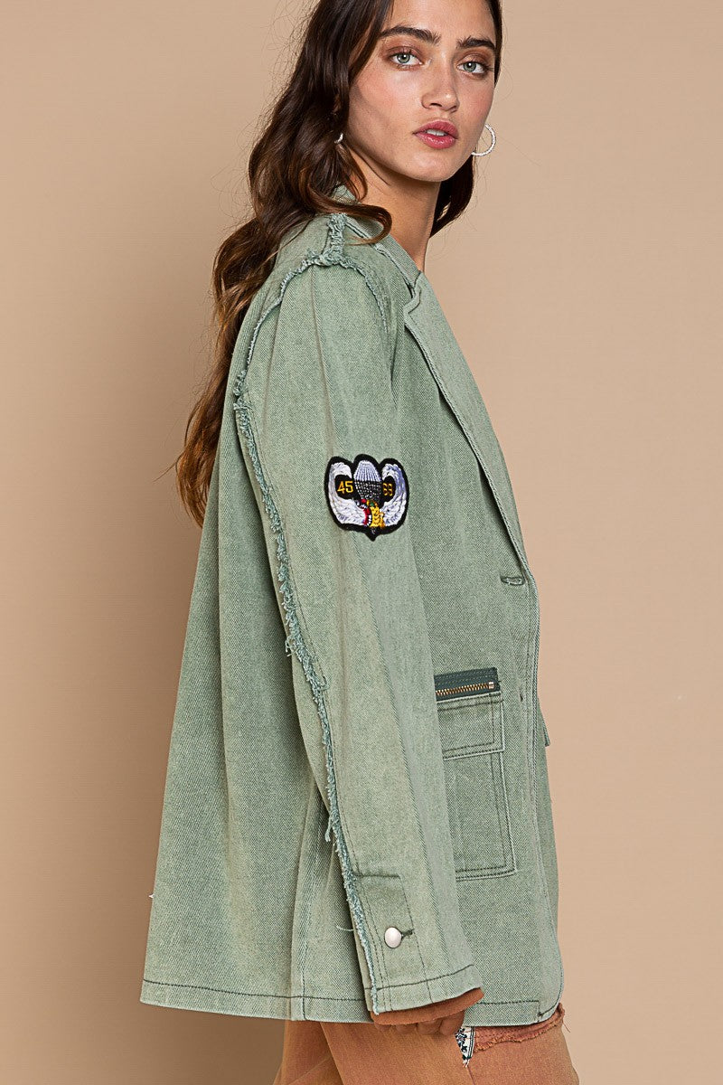 POL Vintage Patch Detail Military Raw Edge Seam Blazer Jacket