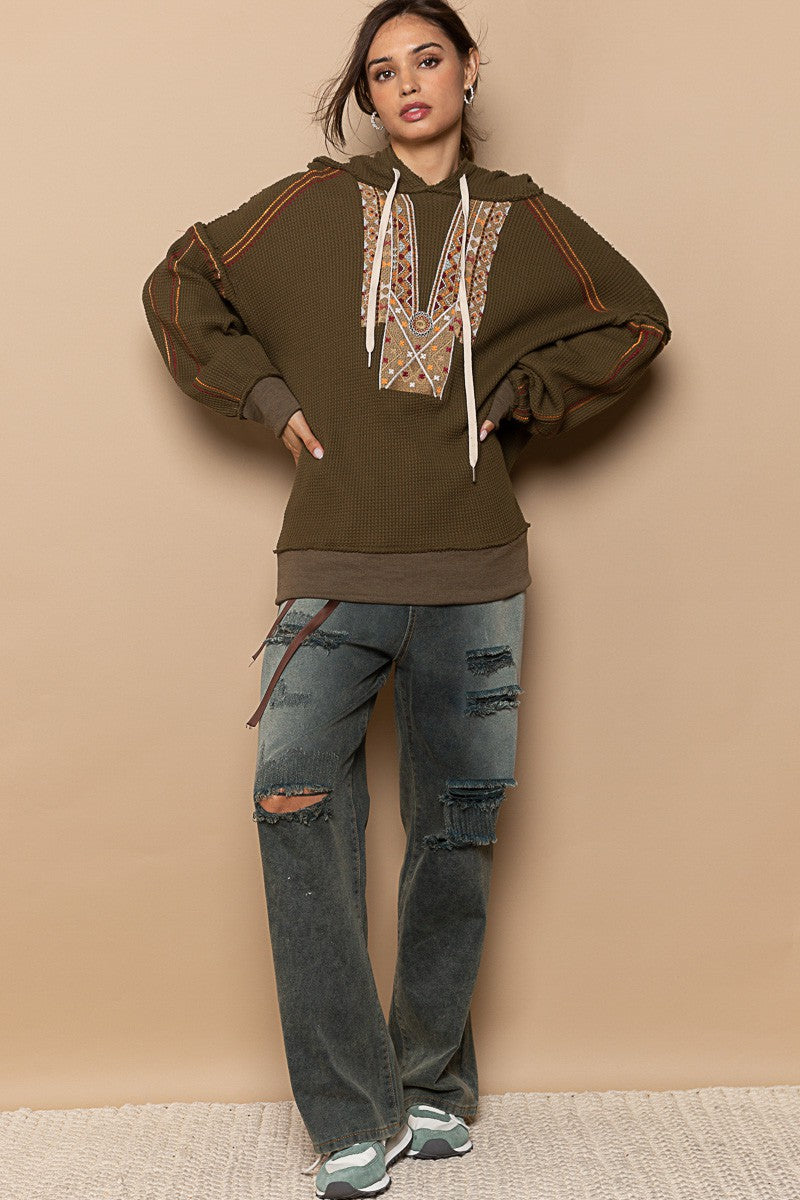 POL Oversized Embroidered Front Long Sleeve Top