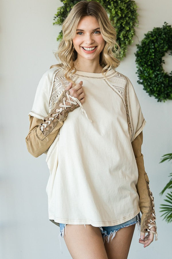 Oli & Hali Mineral Washed Lace Up Cuffs Top