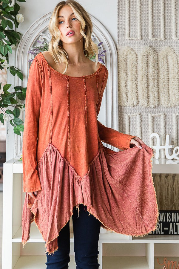 Oli & Hali Washed Fabric Mixed Uneven Hem Tunic Top