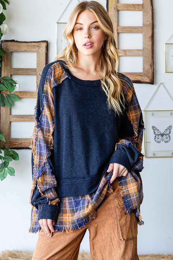 Oli & Hali Washed Long Sleeve Plaid Detail Top