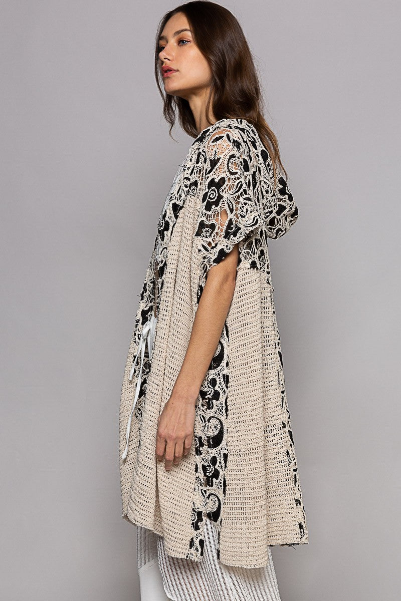 POL Sleeveless Crochet Floral Pattern Hoodie Open Kimono Top