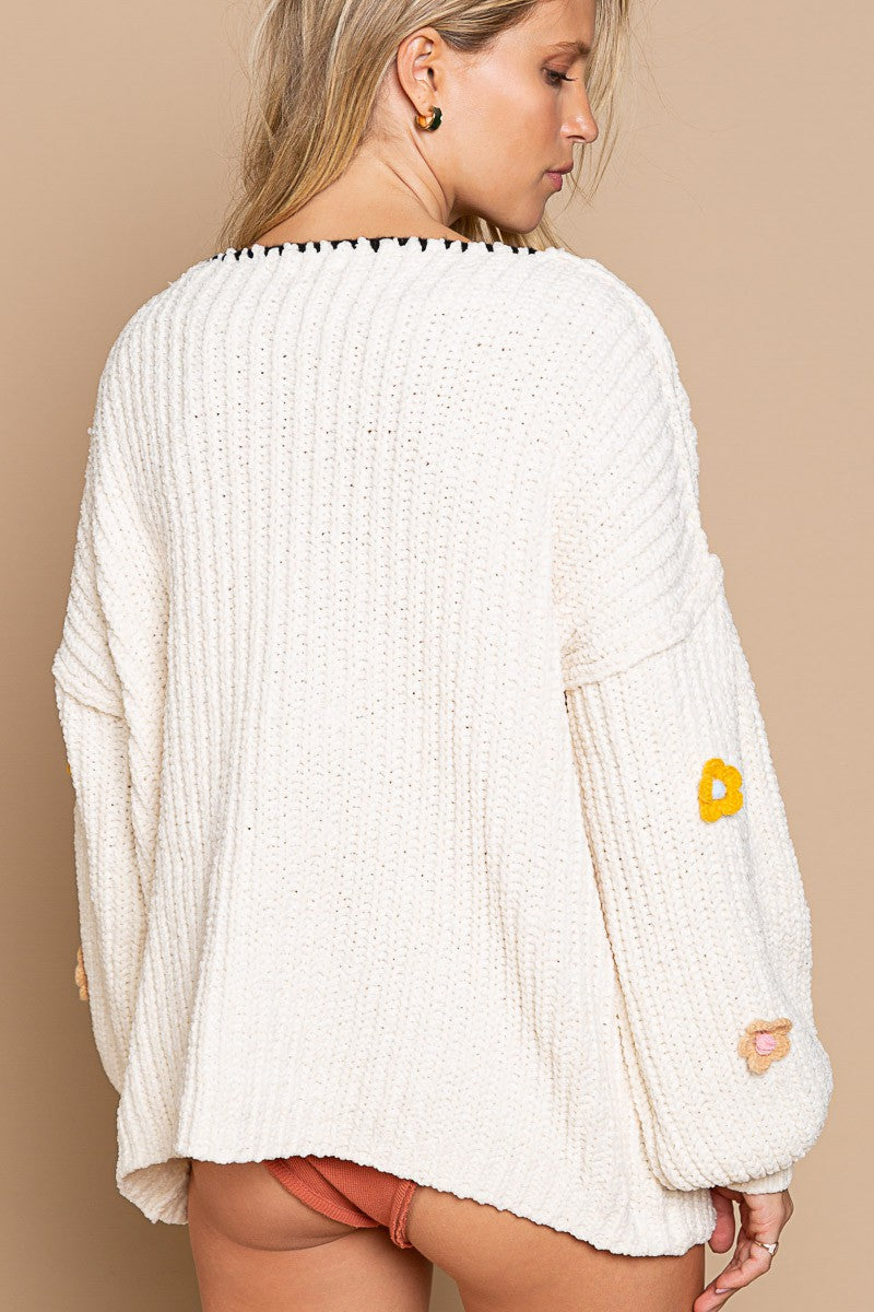 POL Hand Knit Squares Color Block Round Neck Sweater Top