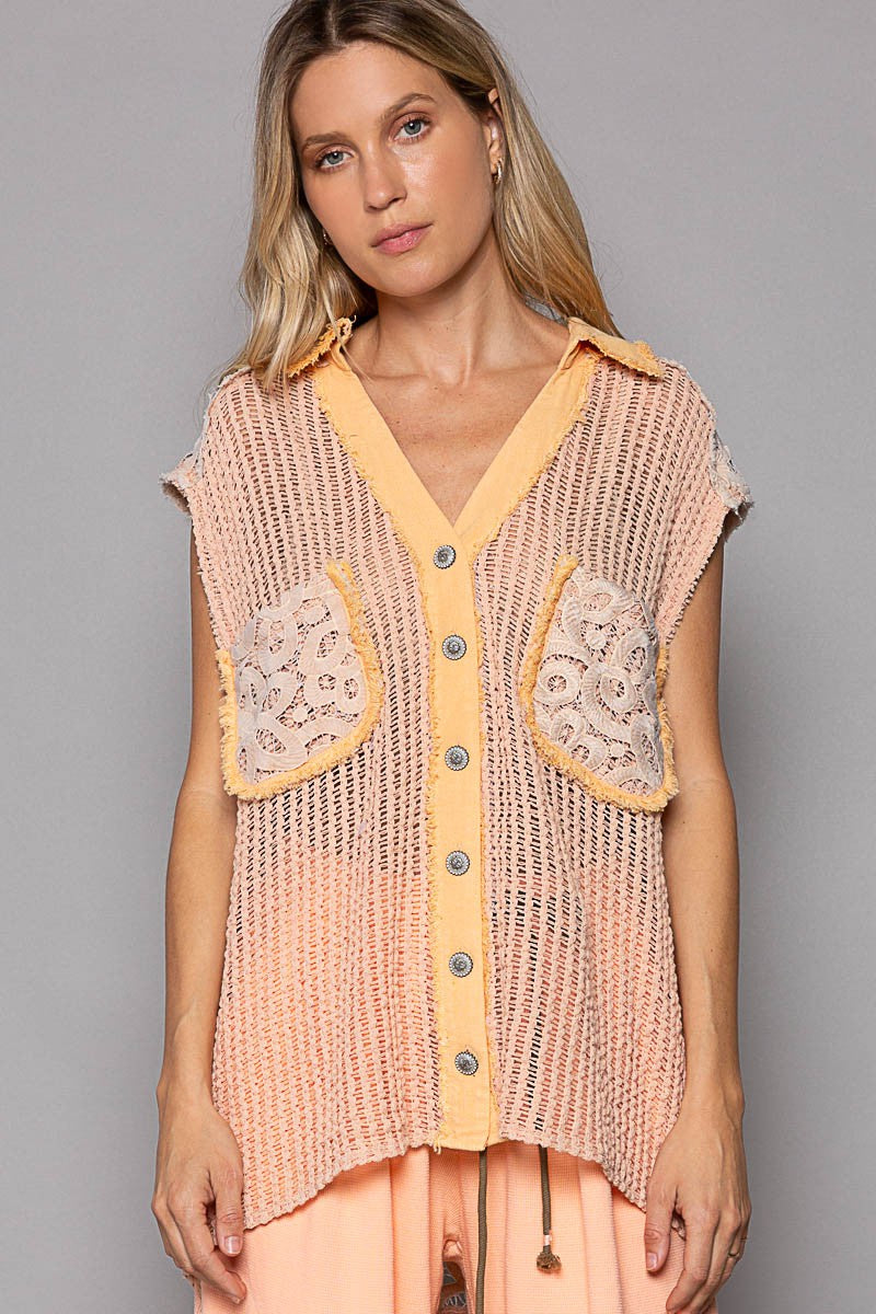 POL Vintage Wash V Neck Cut Sew Crochet Patches Vest Top
