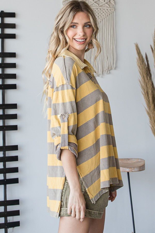 Oli & Hali Mineral Washed Striped Three Quarter Sleeves Top