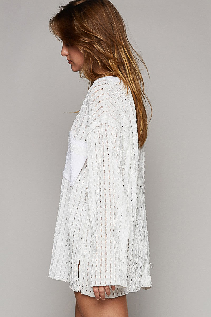 POL Round Neck Long Sleeve Cut Sew Soild Knit Top