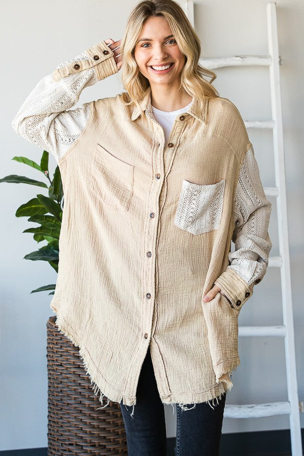 Oli & Hali Mineral Washed Mixed Lace Shirts Jacket