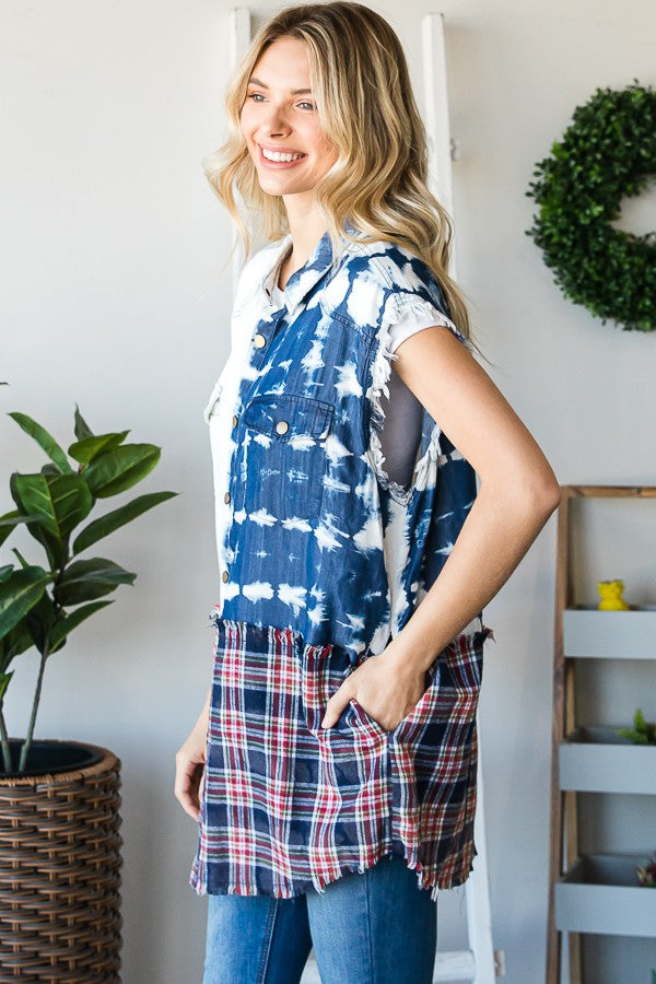 Oli & Hali Washed Denim Mix Plaid Sleeves Shirts Top