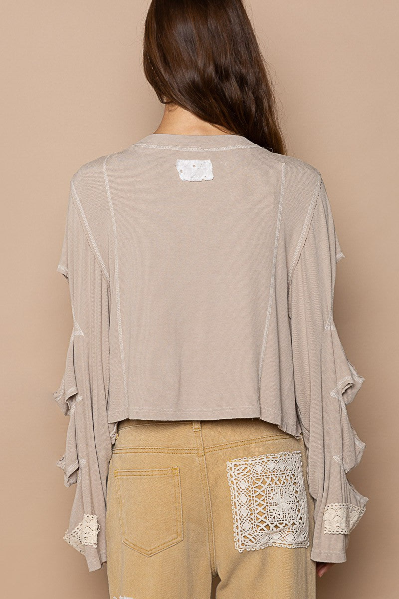 POL Vintage Wash Opening Trim Patch Rib Long Sleeve Top