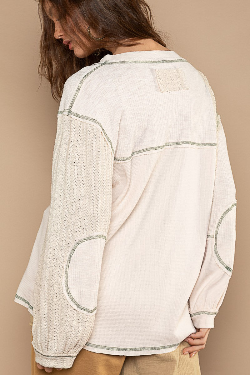 POL V Neck Contrast Knit Panels Color Block Top