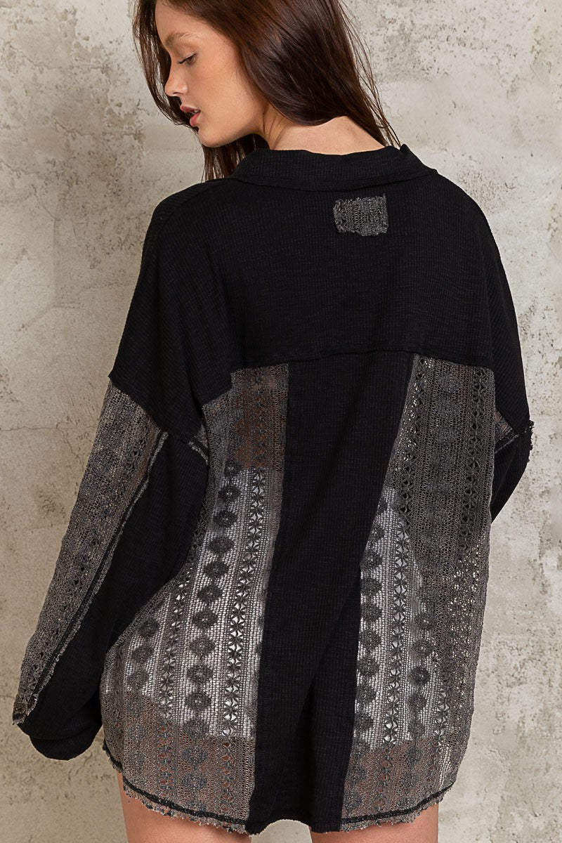 POL Collared Contrast Ribbed Panel Lace Crochet Top