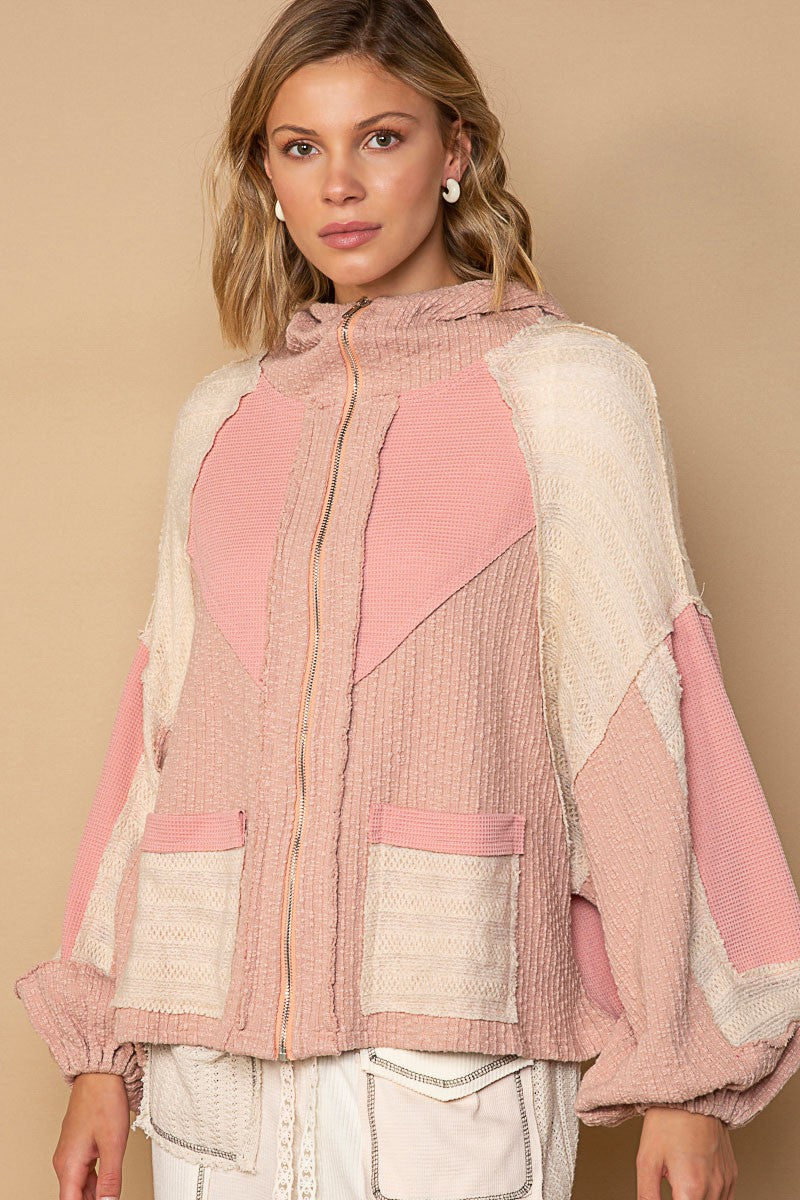 POL Zipper Front Hooded High Neck Balloon Sleeves Oversize Fit Textured Jacket - Roulhac Fashion Boutique