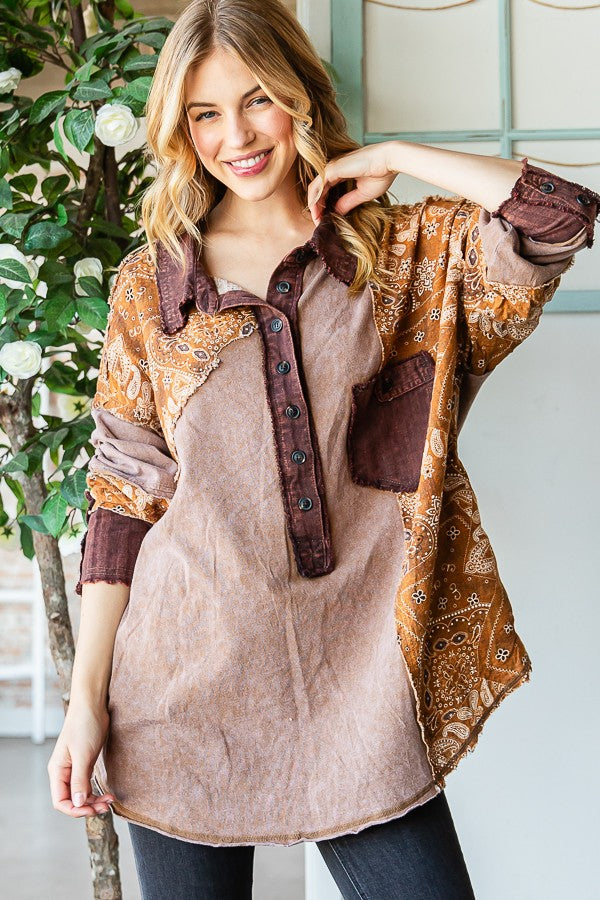 Oli & Hali Washed Fabric Mixed Long Sleeve Top