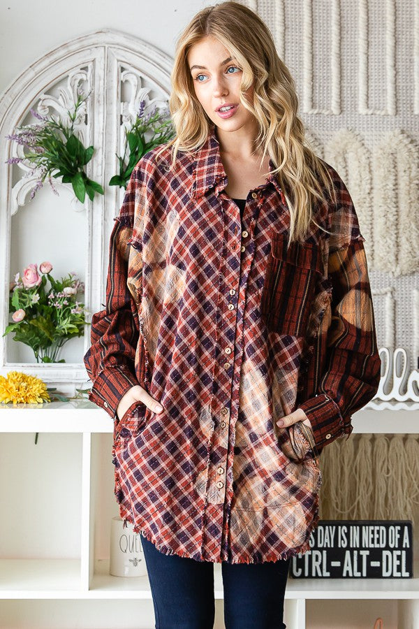 Oli & Hali Bleeched Flower Plaid Button Front Jacket