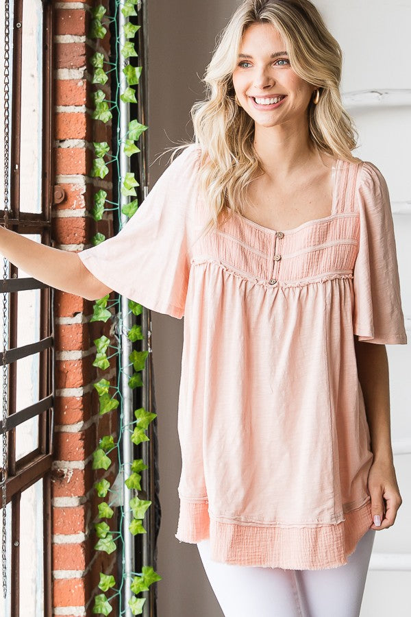 Oli & Hali Mineral Washed Ballon Sleeve Babydoll Top