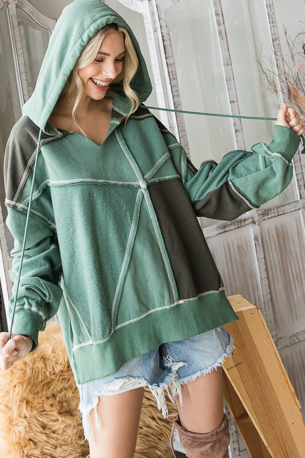 Oli & Hali Patchwork Soft Knit Contrast Hoodie Top