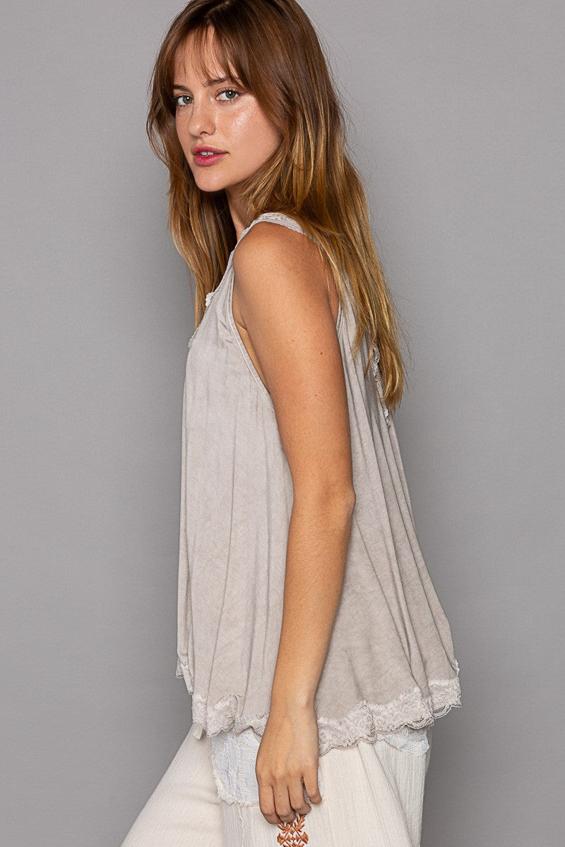 POL Lace Trim Back Lace Strap Casual Tank Top