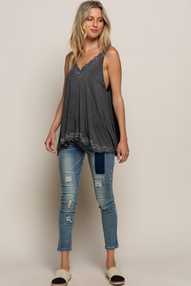 POL Lace Trim Back Lace Strap Casual Tank Top