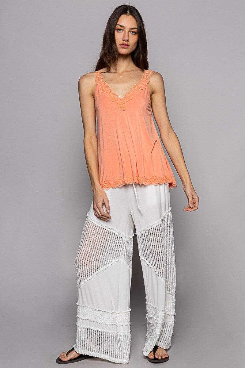 POL Lace Trim Back Lace Strap Casual Tank Top