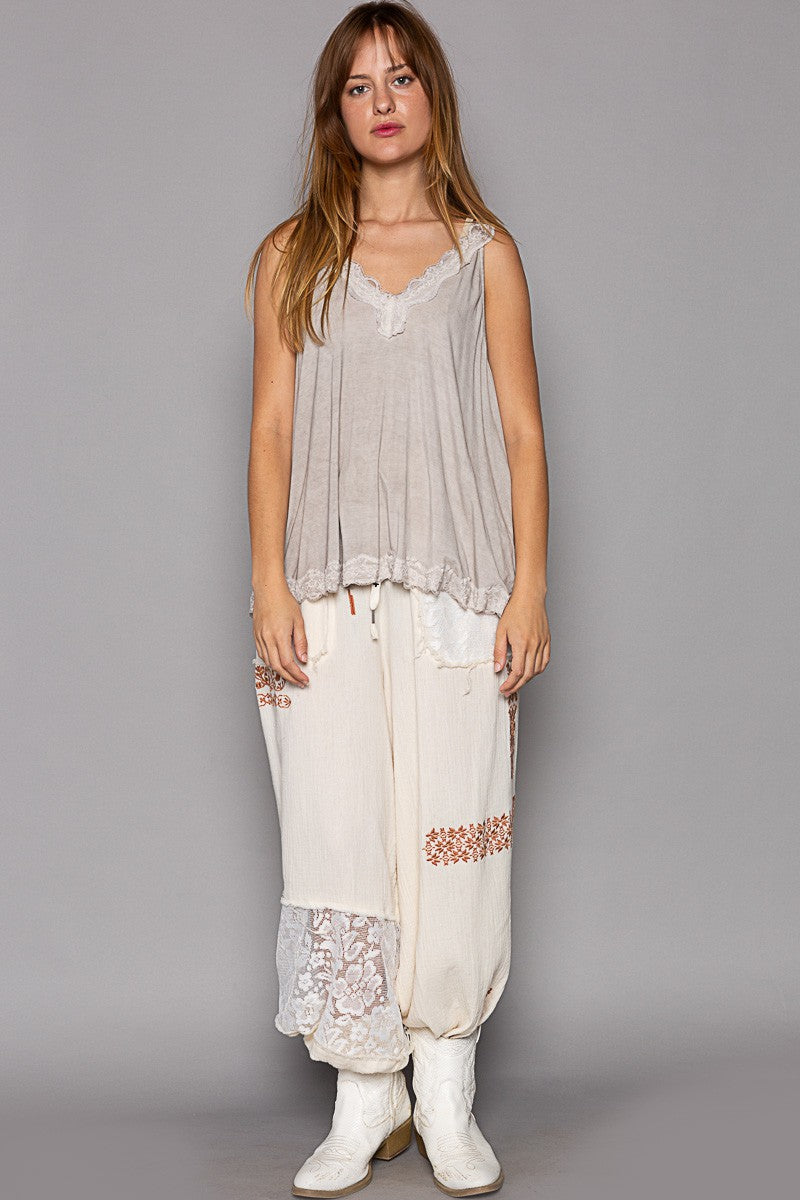 POL Lace Trim Back Lace Strap Casual Tank Top