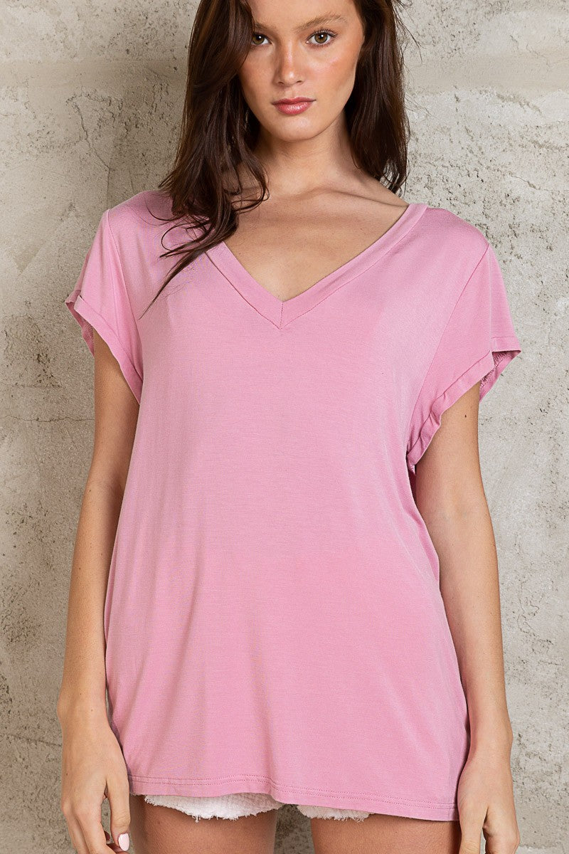 POL Short Sleeve V-Neck Casual Basic Knit Tee Top