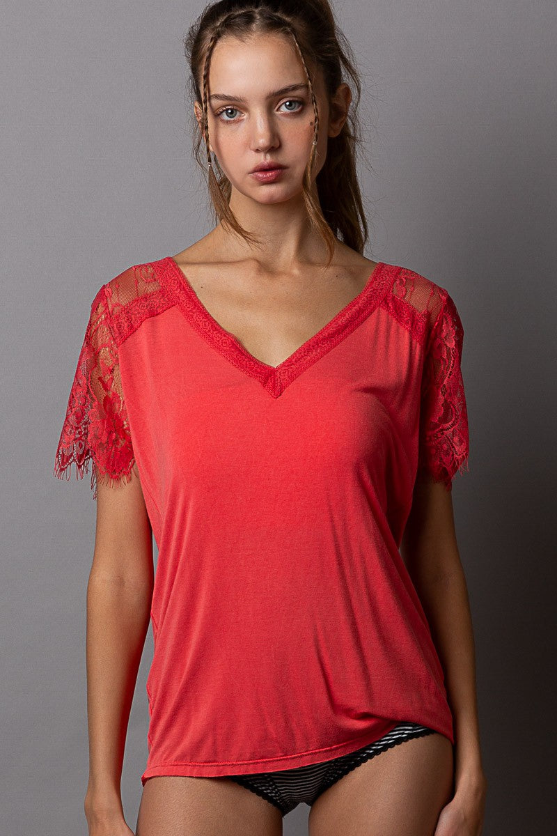 POL 1/2 Lace Sleeve V Neck Relaxed Body Tee Top
