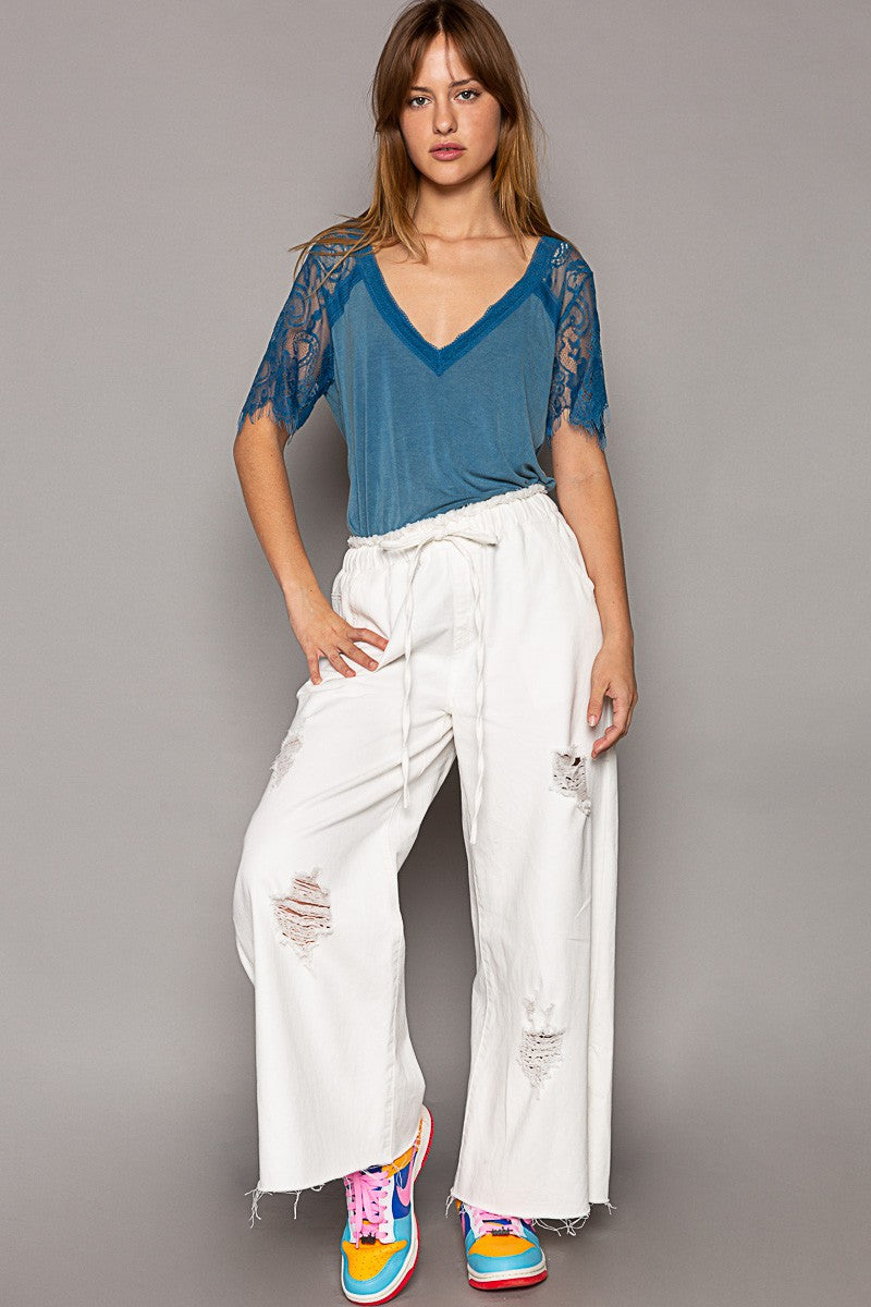 POL 1/2 Lace Sleeve V Neck Relaxed Body Tee Top