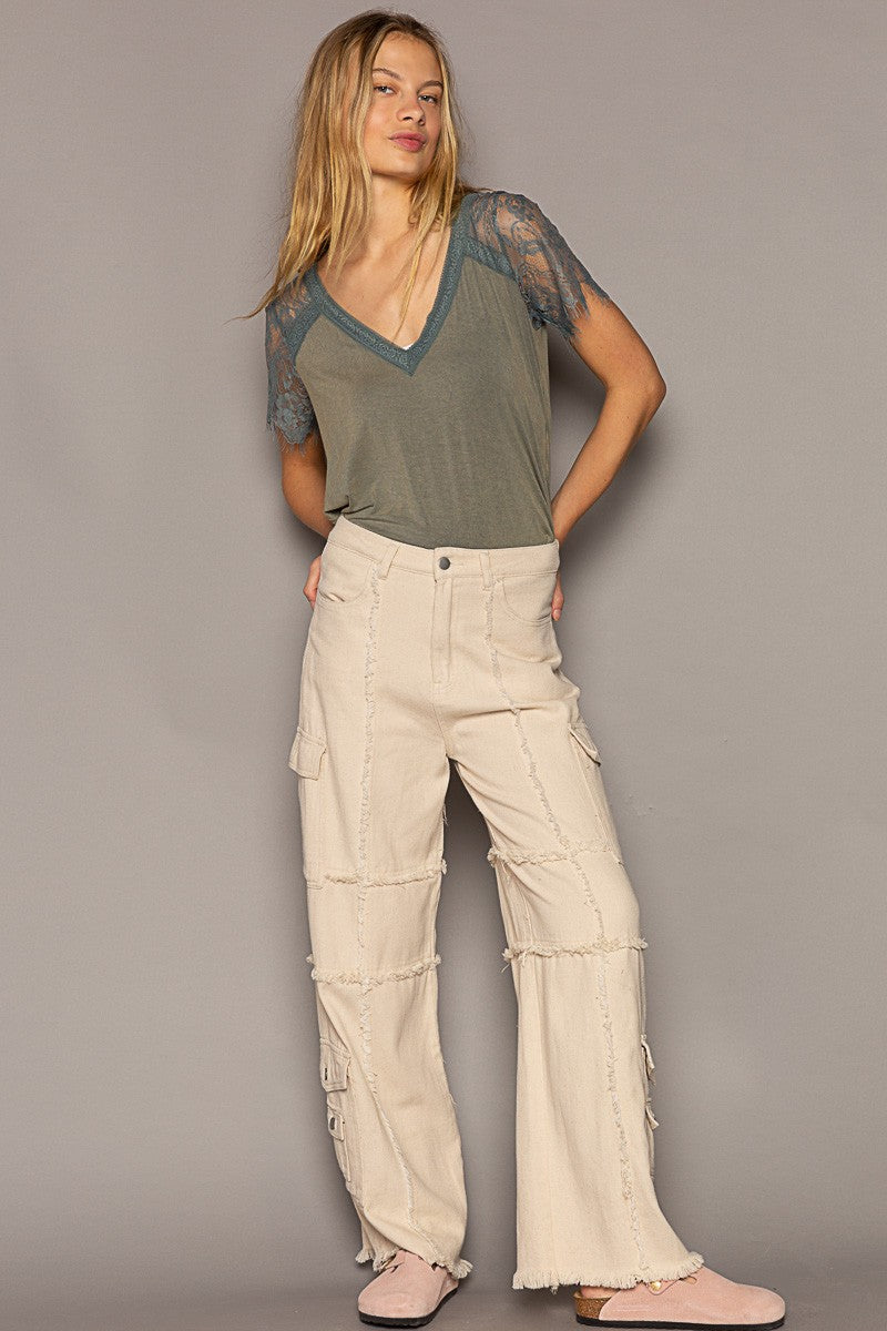 POL 1/2 Lace Sleeve V Neck Relaxed Body Tee Top