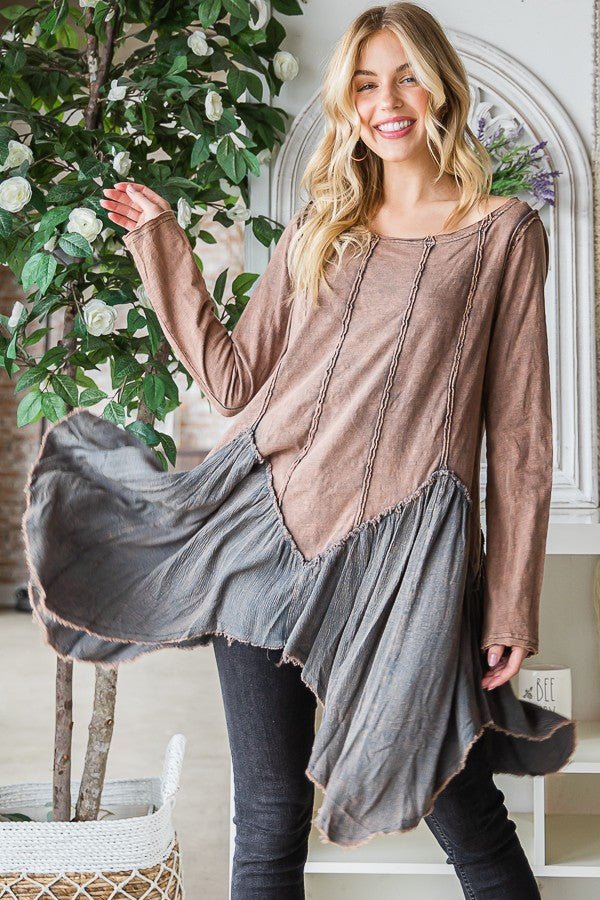 Oli & Hali Washed Fabric Mixed Uneven Hem Tunic Top