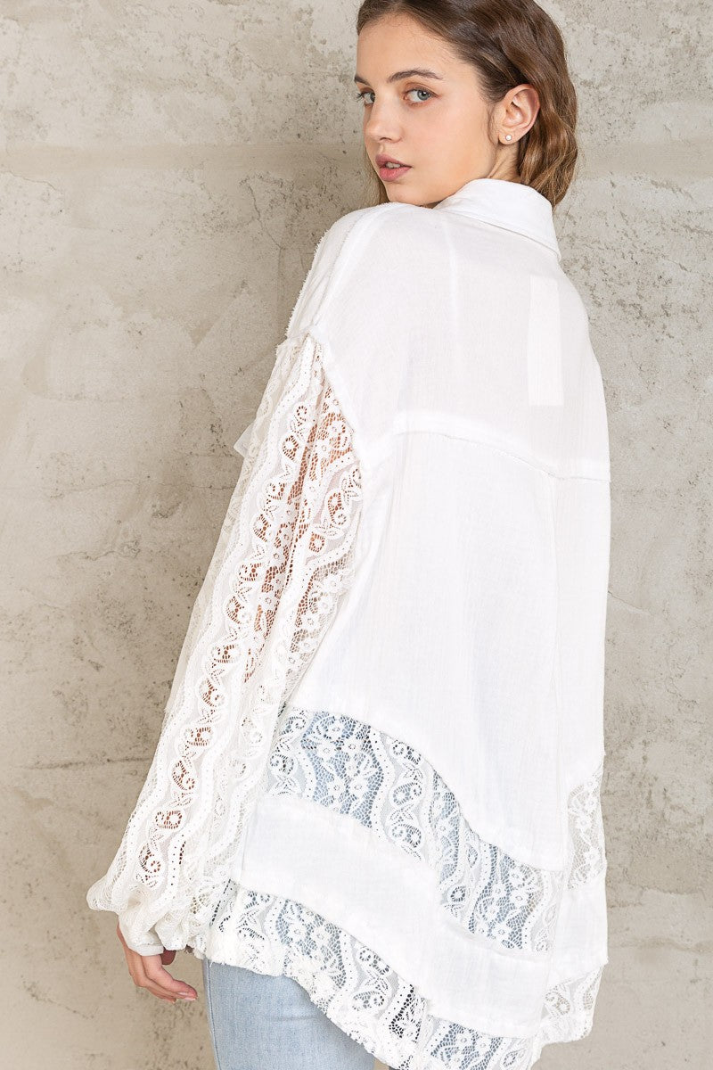 POL Oversize Lace Sleeve Contrast Button Down Shirt Top